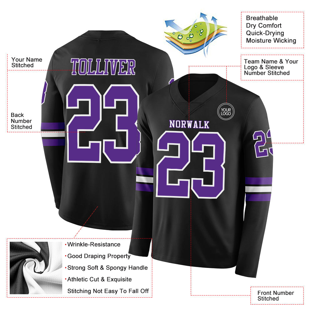 Custom Black Purple-White Long Sleeve Authentic Football Jersey Limited