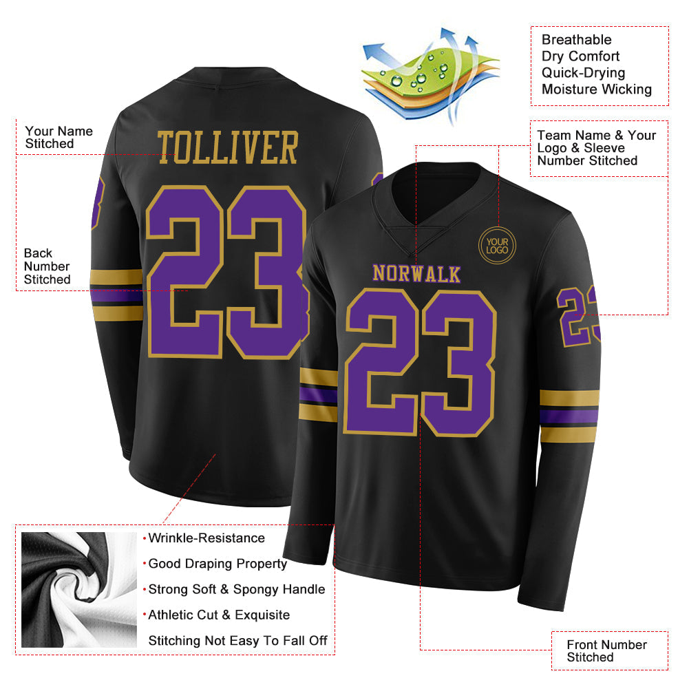 Custom Black Purple-Old Gold Long Sleeve Authentic Football Jersey Limited