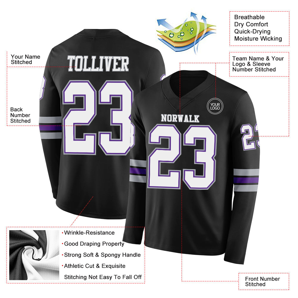 Custom Black White Purple-Gray Long Sleeve Authentic Football Jersey Limited