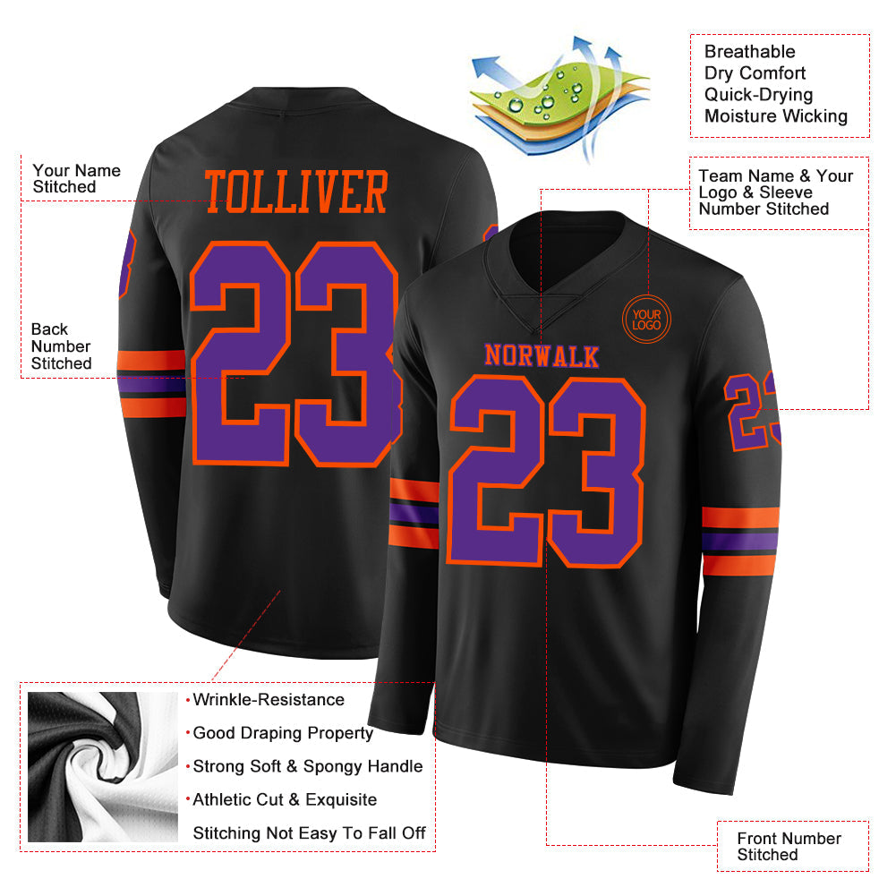 Custom Black Purple-Orange Long Sleeve Authentic Football Jersey Limited