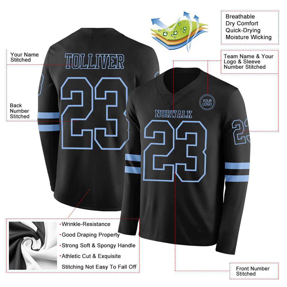 Custom Black Light Blue Long Sleeve Authentic Football Jersey Limited