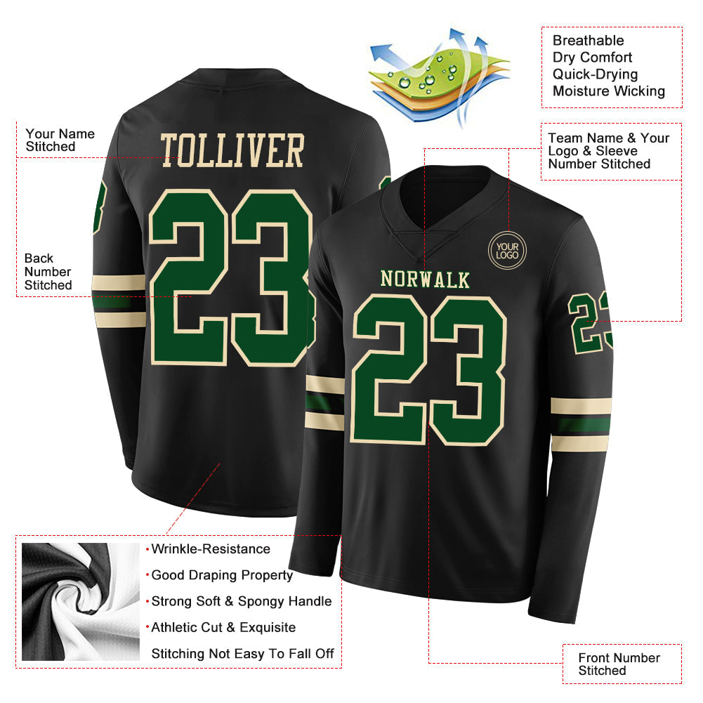 Custom Black Green-Cream Long Sleeve Authentic Football Jersey Limited
