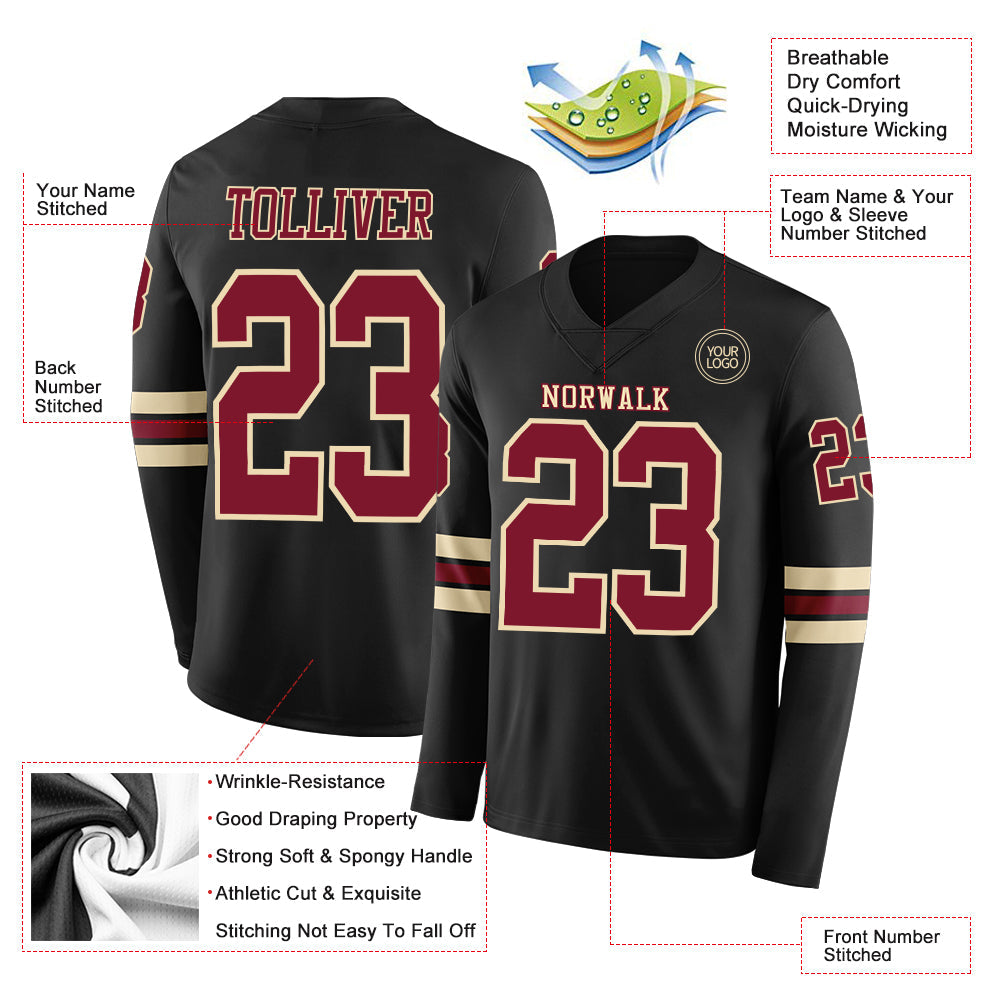 Custom Black Crimson-Cream Long Sleeve Authentic Football Jersey Limited