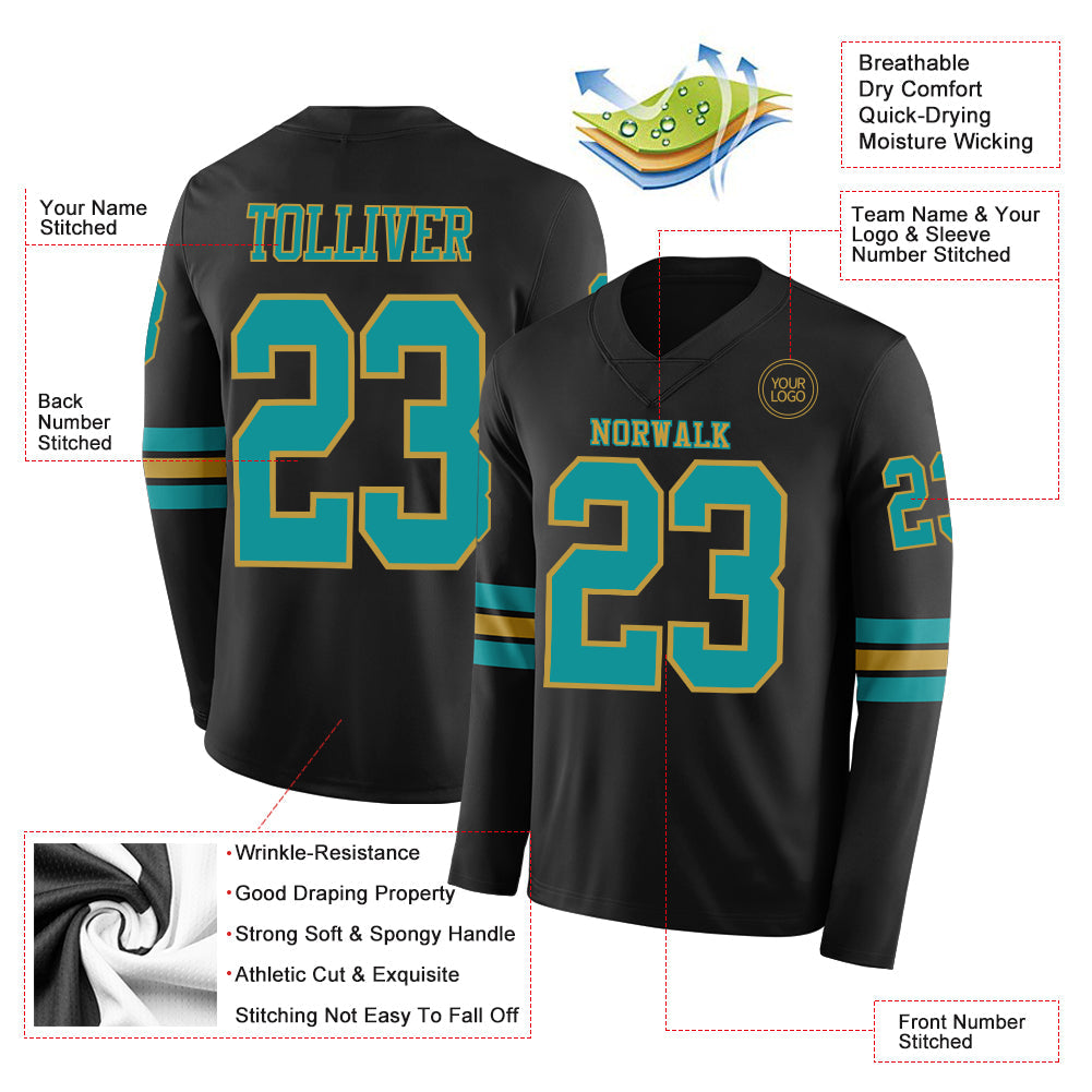 Custom Black Teal-Old Gold Long Sleeve Authentic Football Jersey Limited