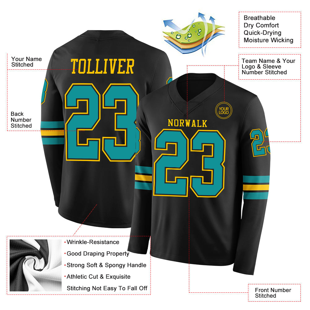 Custom Black Teal-Yellow Long Sleeve Authentic Football Jersey Limited