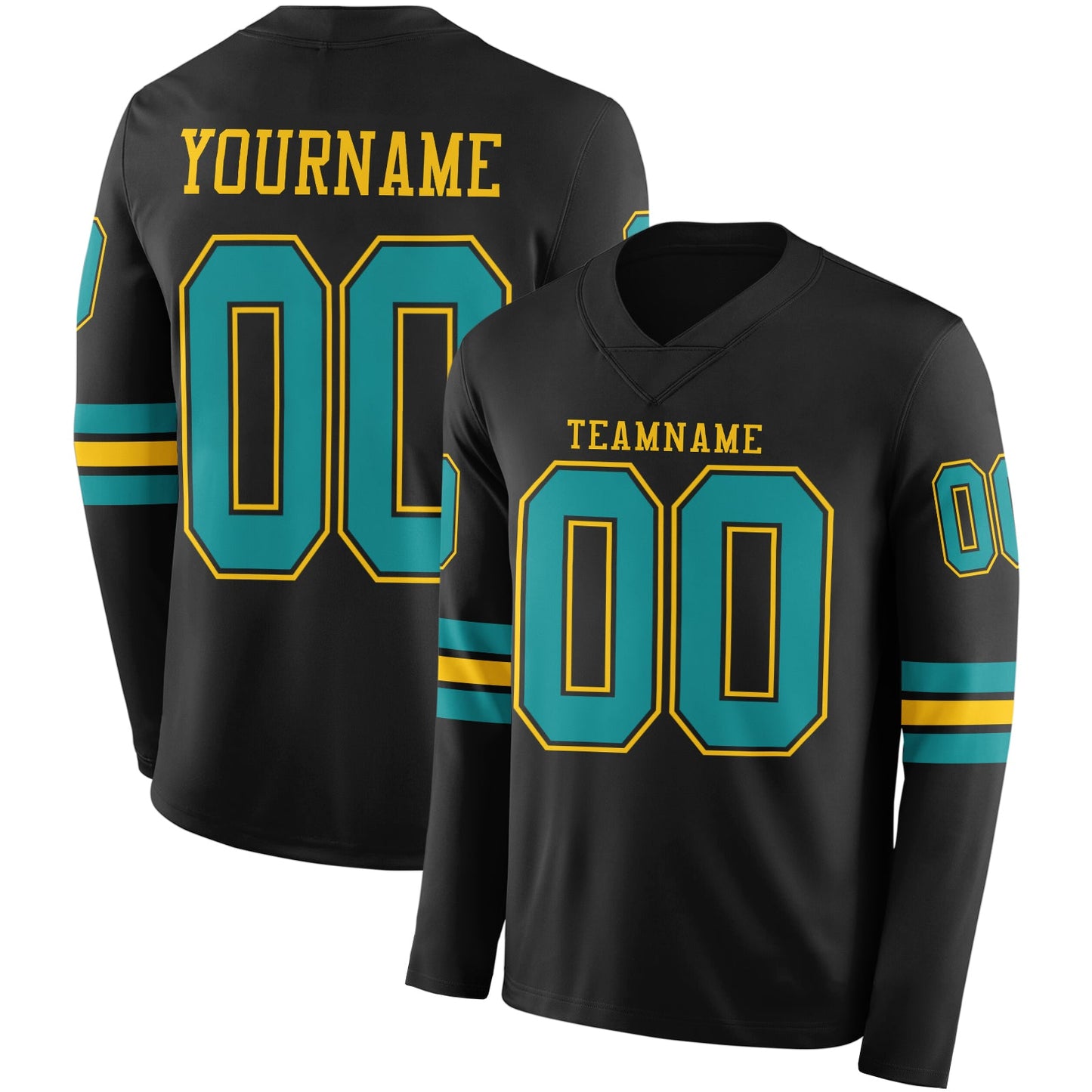 Custom Black Teal-Yellow Long Sleeve Authentic Football Jersey