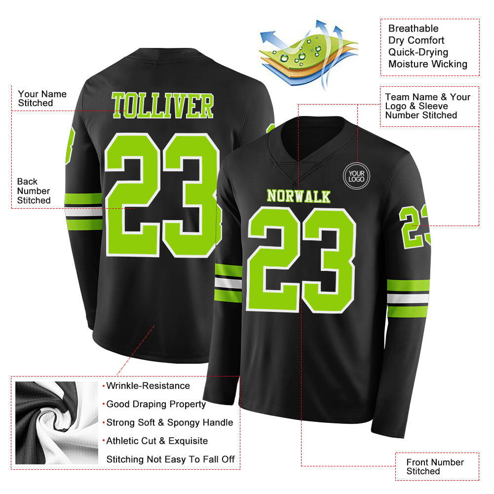 Custom Black Neon Green-White Long Sleeve Authentic Football Jersey Limited