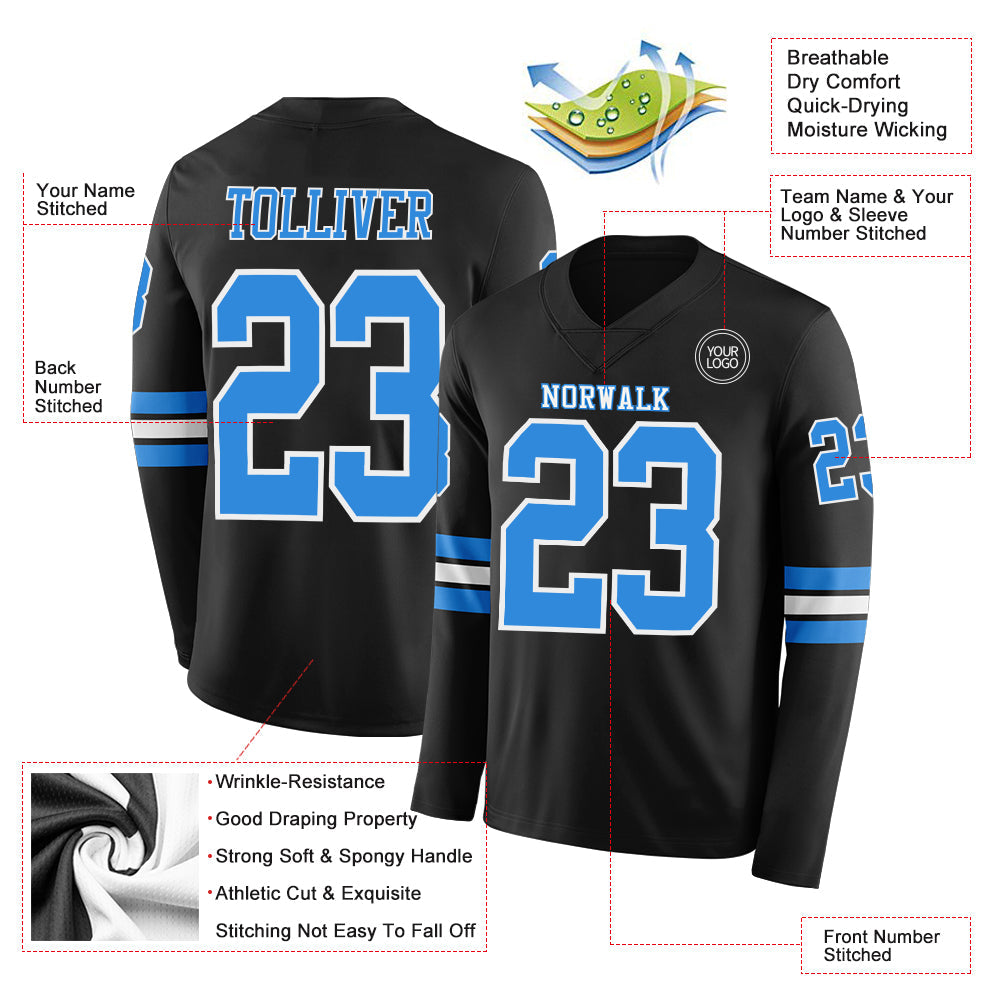 Custom Black Powder Blue-White Long Sleeve Authentic Football Jersey Limited