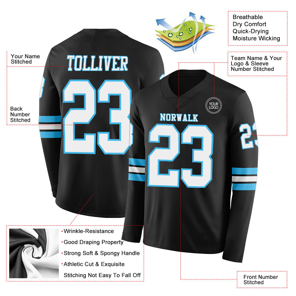 Custom Black White-Sky Blue Long Sleeve Authentic Football Jersey Limited