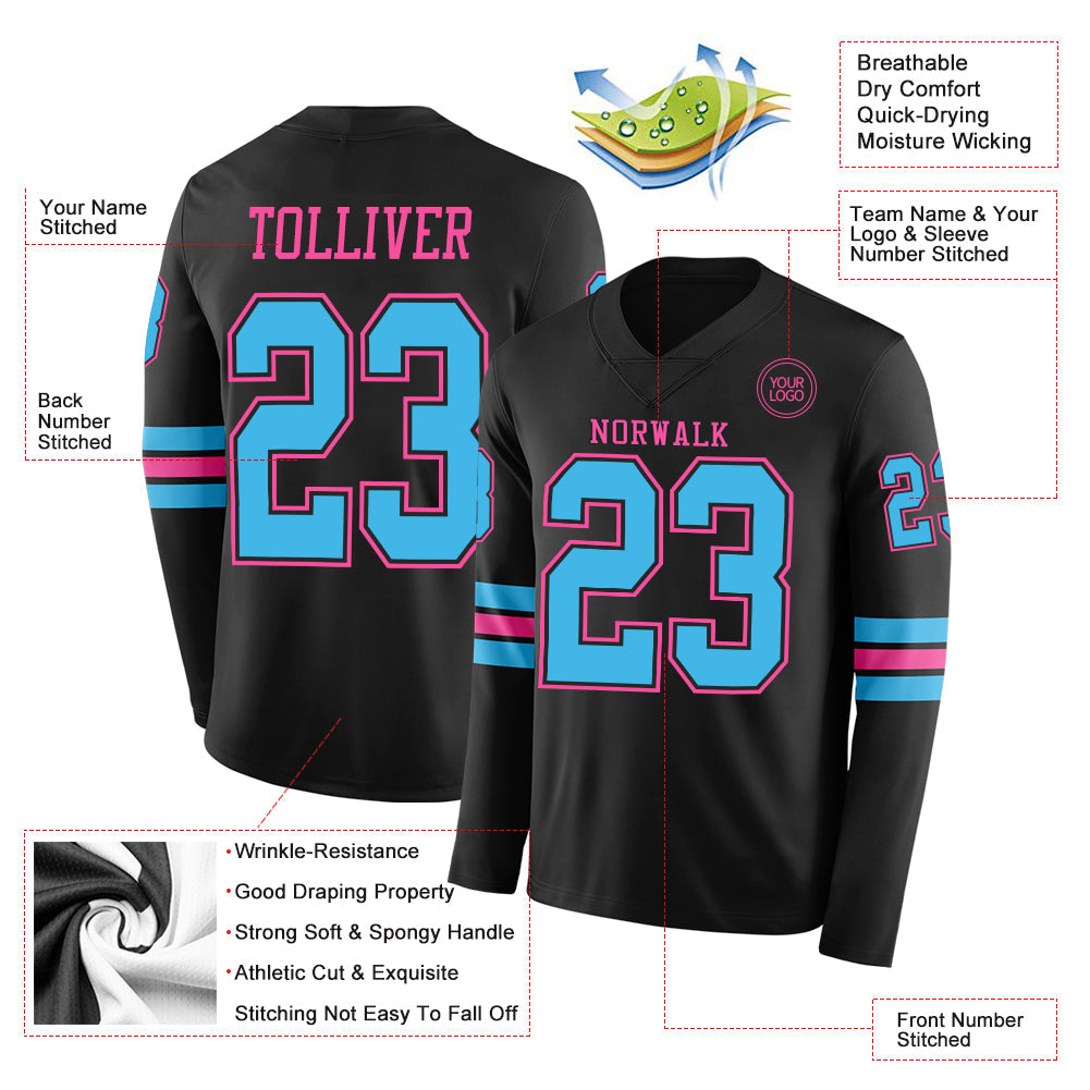 Custom Black Sky Blue-Pink Long Sleeve Authentic Football Jersey Limited