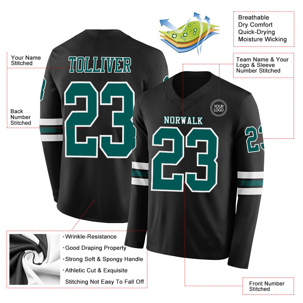 Custom Black Midnight Green-White Long Sleeve Authentic Football Jersey Limited