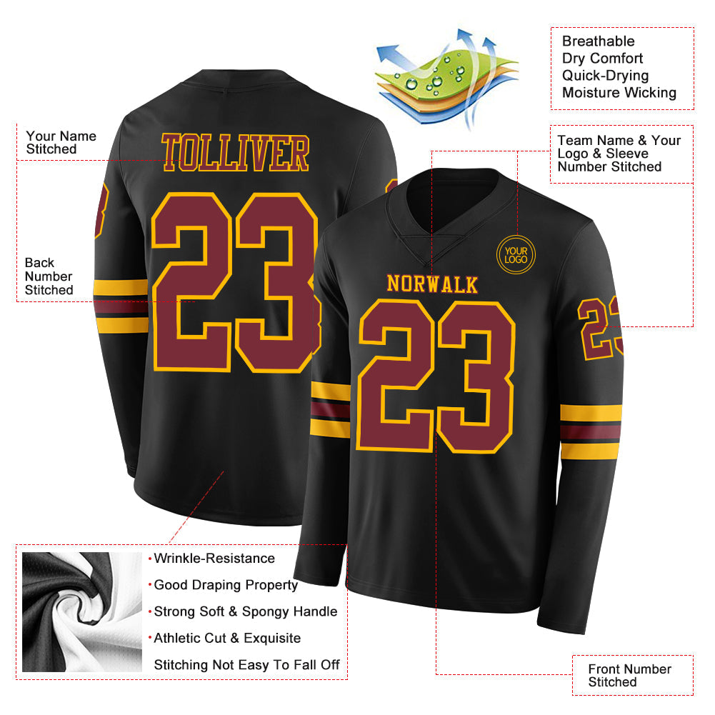 Custom Black Cardinal-Gold Long Sleeve Authentic Football Jersey Limited