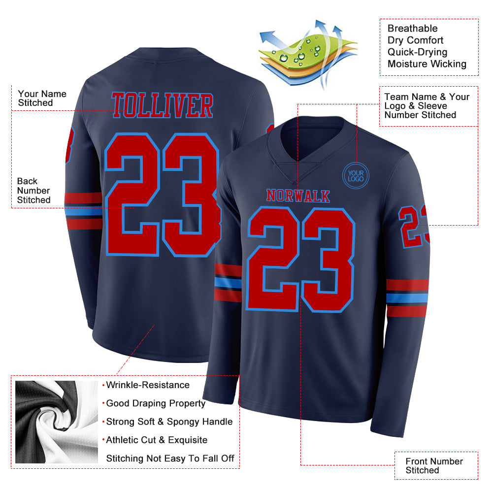Custom Navy Red-Powder Blue Long Sleeve Authentic Football Jersey Limited