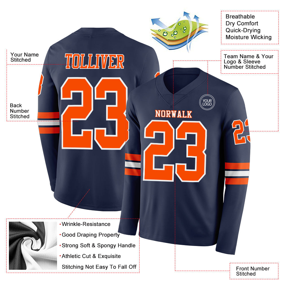 Custom Navy Orange-White Long Sleeve Authentic Football Jersey Limited