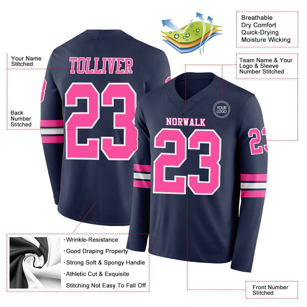 Custom Navy Pink-White Long Sleeve Authentic Football Jersey Limited