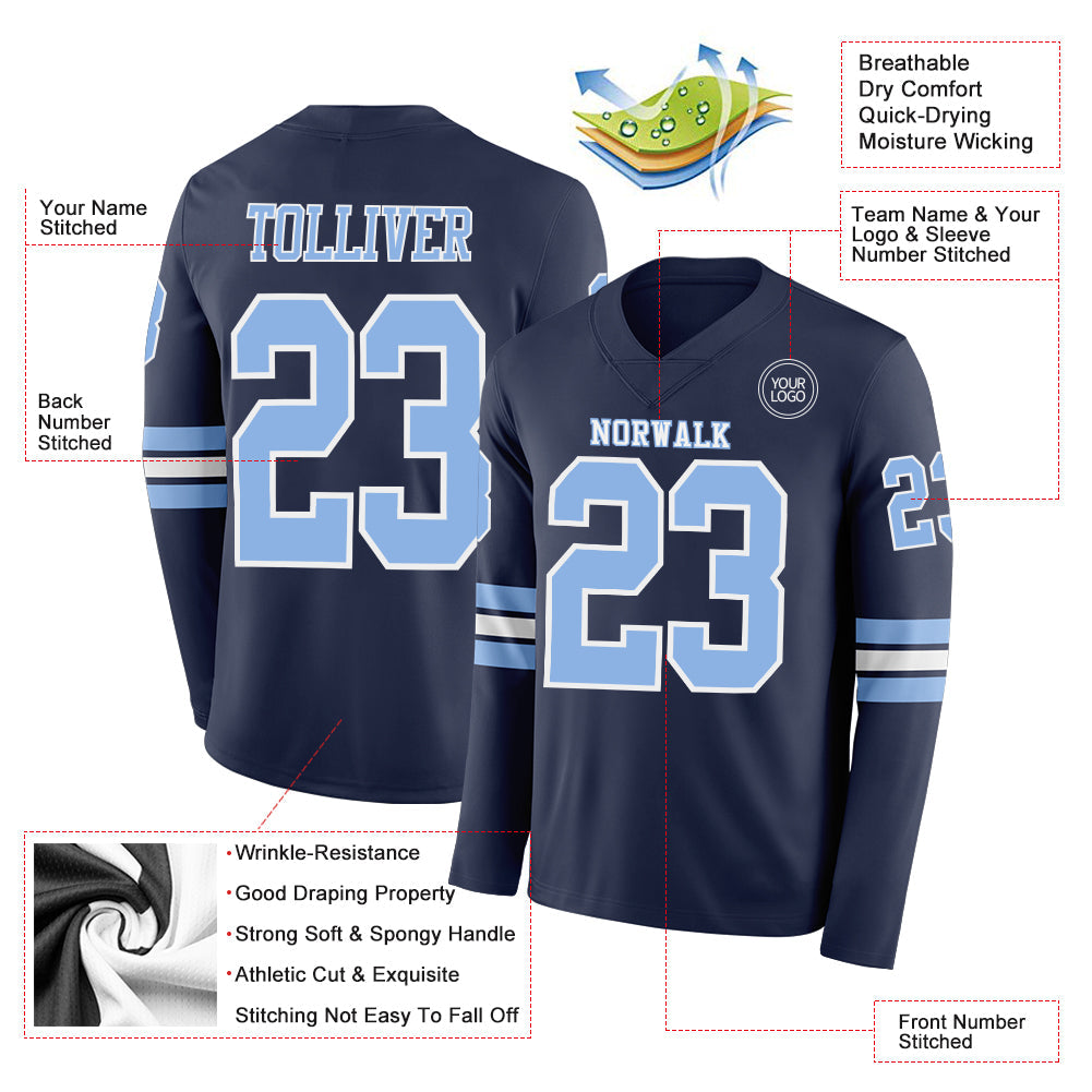 Custom Navy Light Blue-White Long Sleeve Authentic Football Jersey Limited