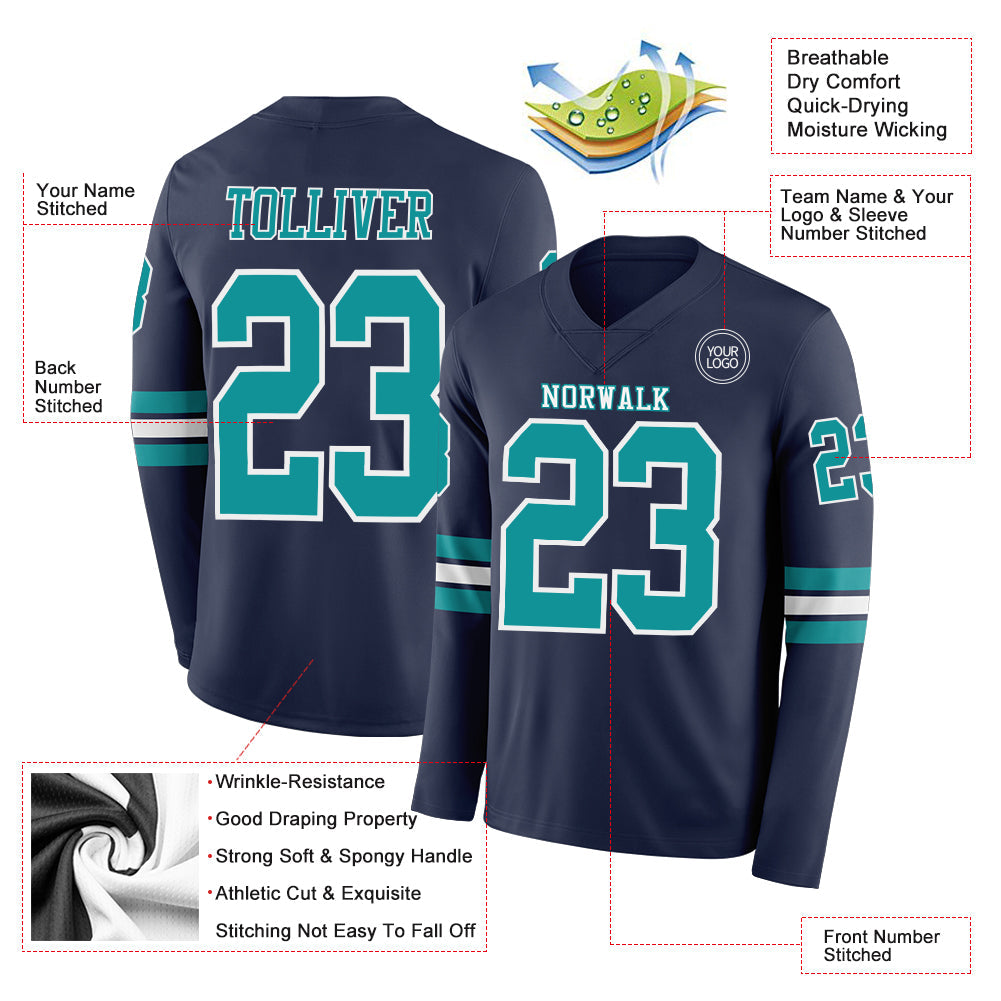 Custom Navy Teal-White Long Sleeve Authentic Football Jersey Limited