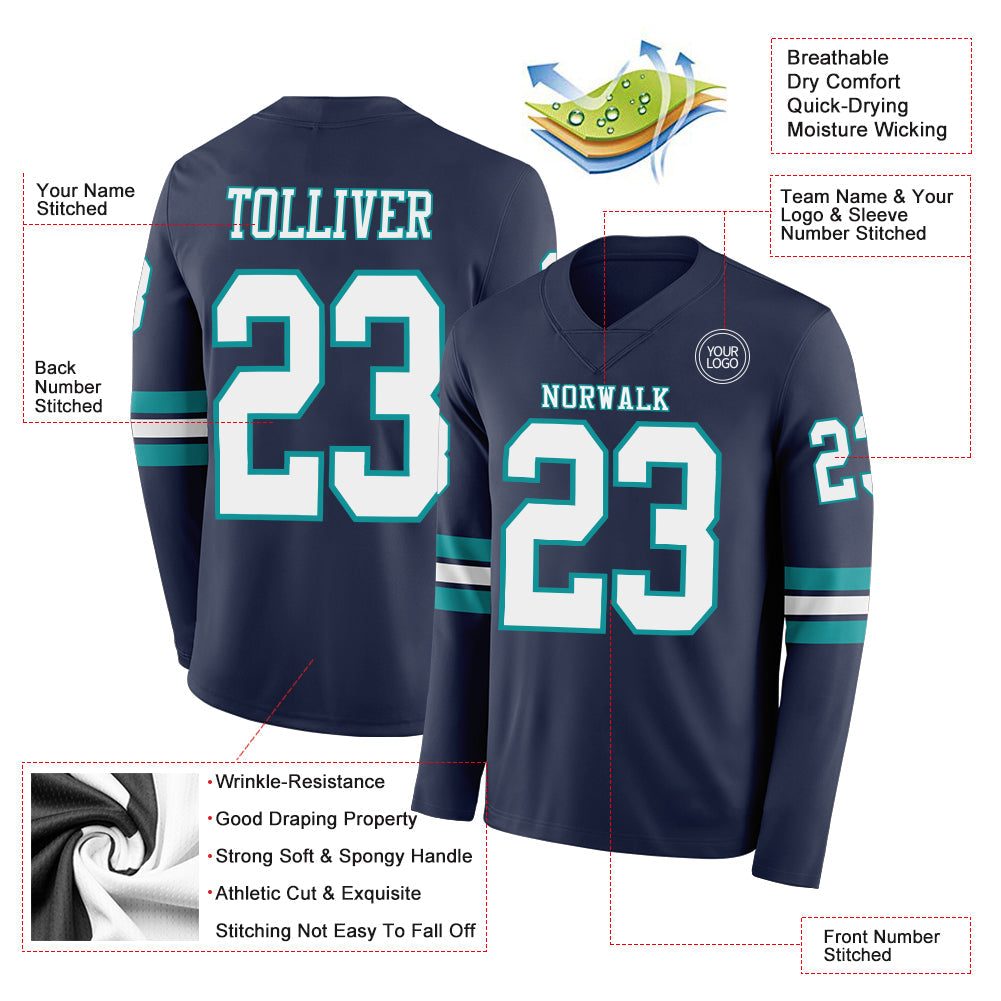 Custom Navy White-Teal Long Sleeve Authentic Football Jersey Limited