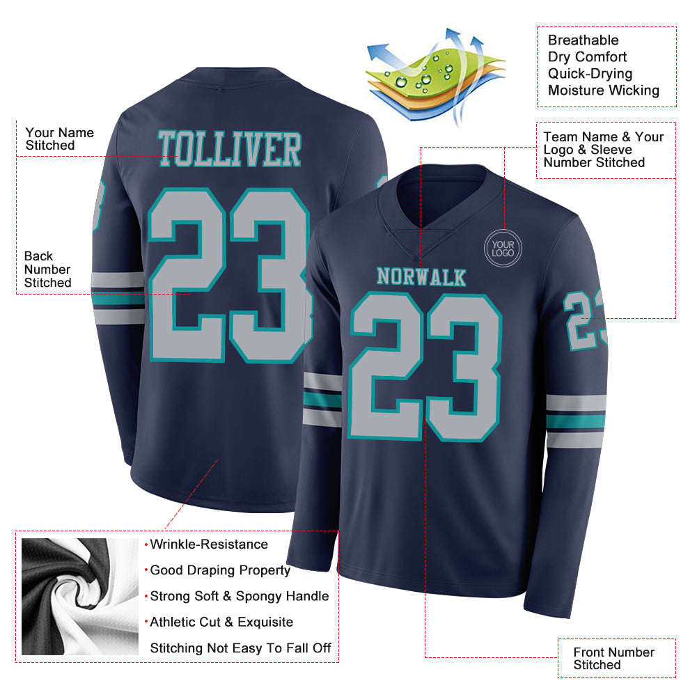 Custom Navy Gray-Teal Long Sleeve Authentic Football Jersey Limited