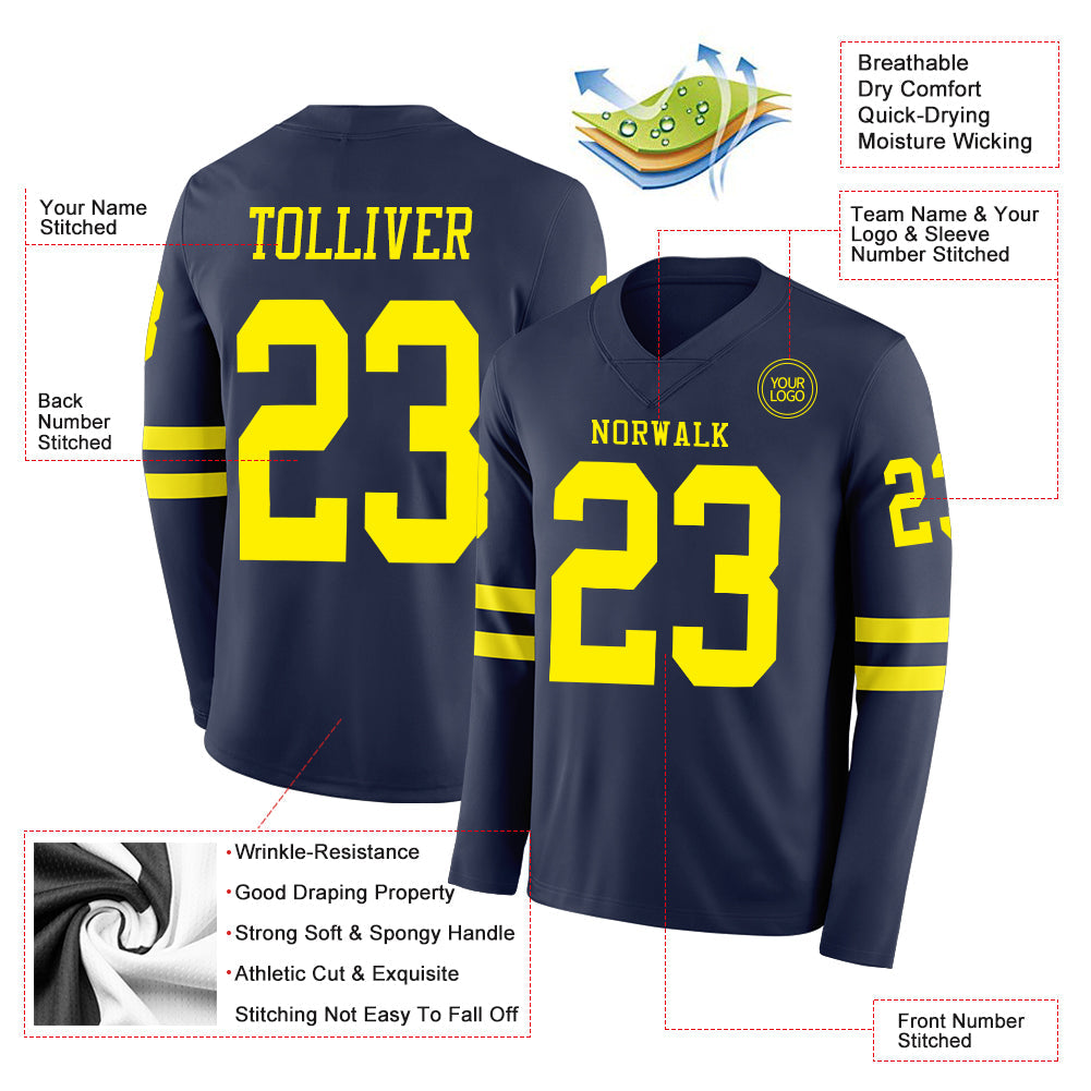 Custom Navy Light Yellow Long Sleeve Authentic Football Jersey Limited
