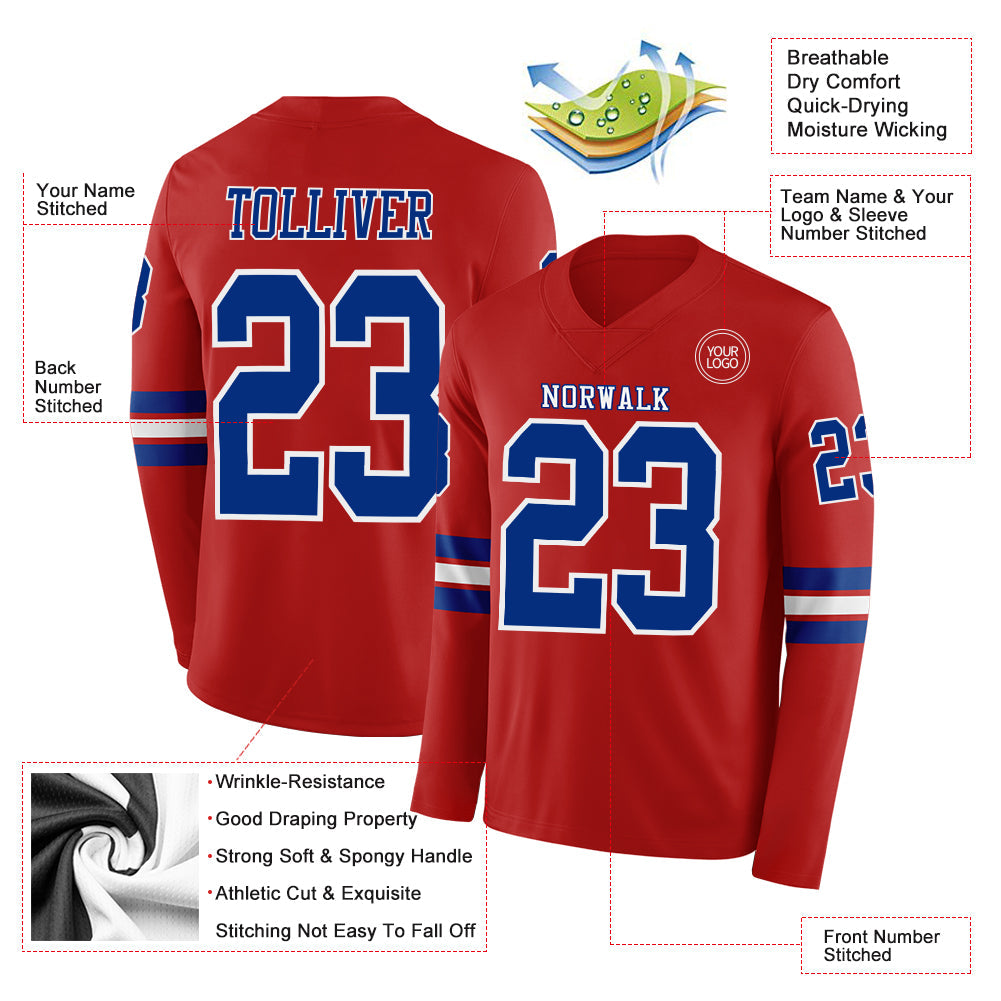 Custom Red Royal-White Long Sleeve Authentic Football Jersey Limited