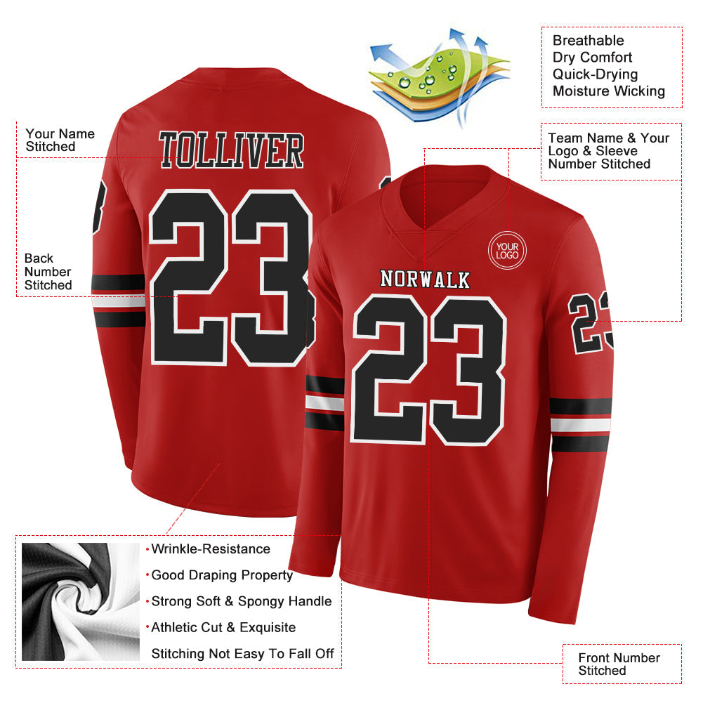 Custom Red Black-White Long Sleeve Authentic Football Jersey Limited