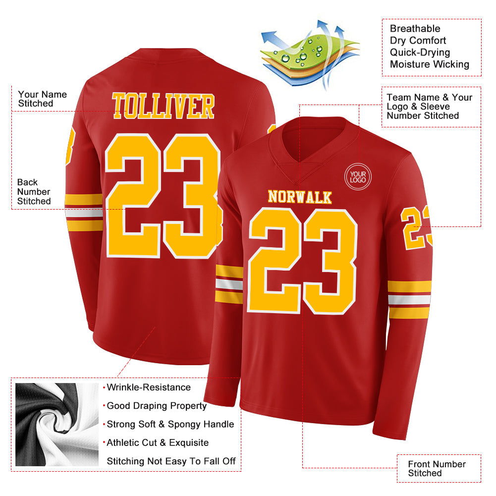 Custom Red Gold-White Long Sleeve Authentic Football Jersey Limited