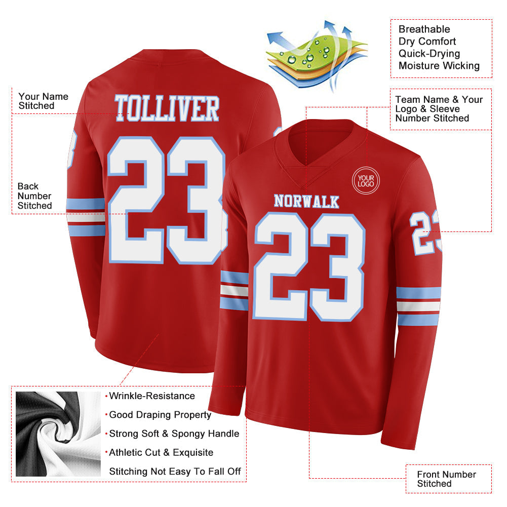 Custom Red White-Light Blue Long Sleeve Authentic Football Jersey Limited