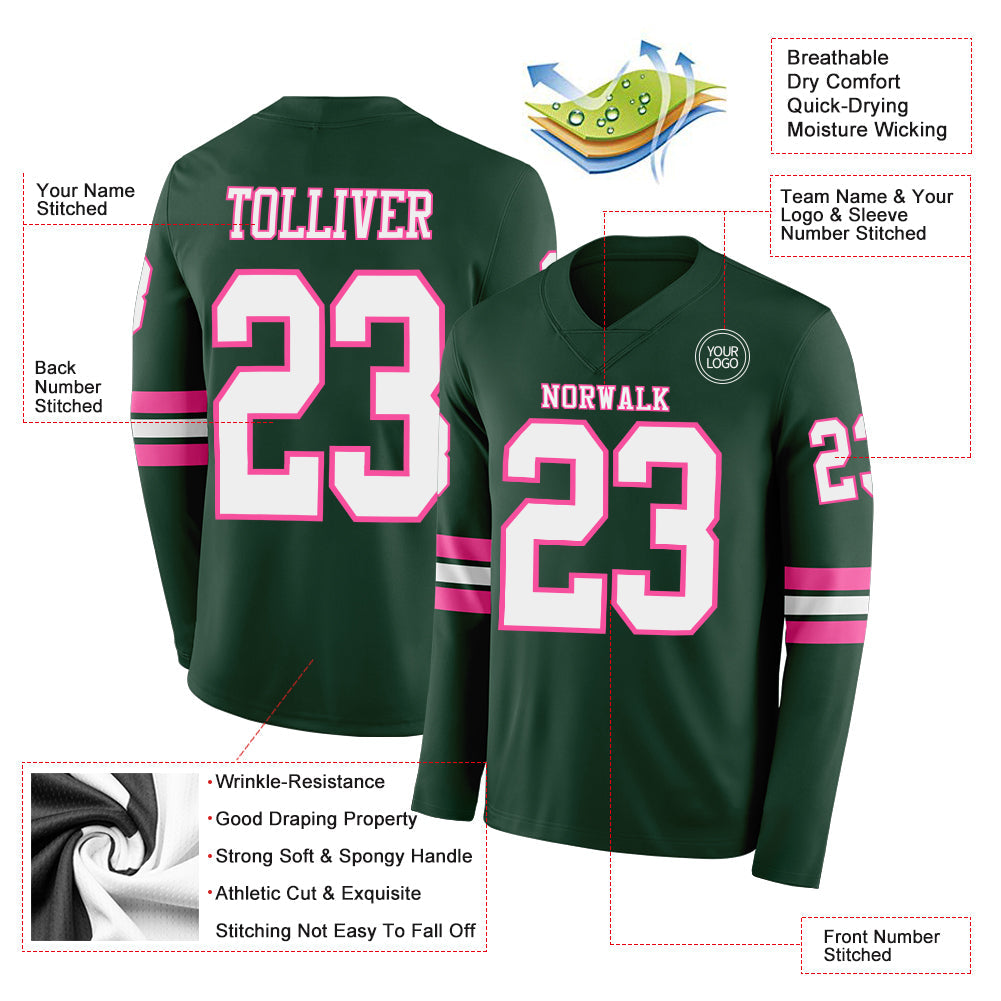Custom Green White-Pink Long Sleeve Authentic Football Jersey Limited