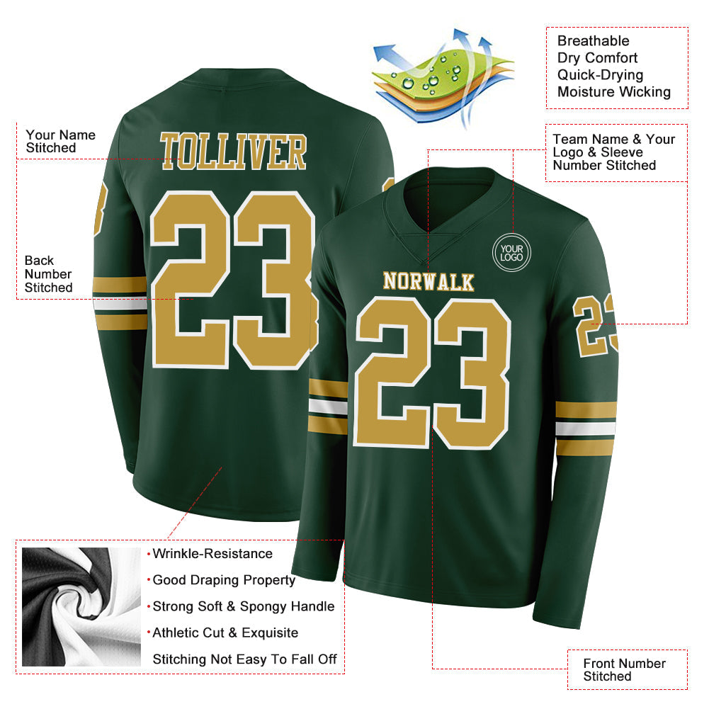 Custom Green Old Gold-White Long Sleeve Authentic Football Jersey Limited