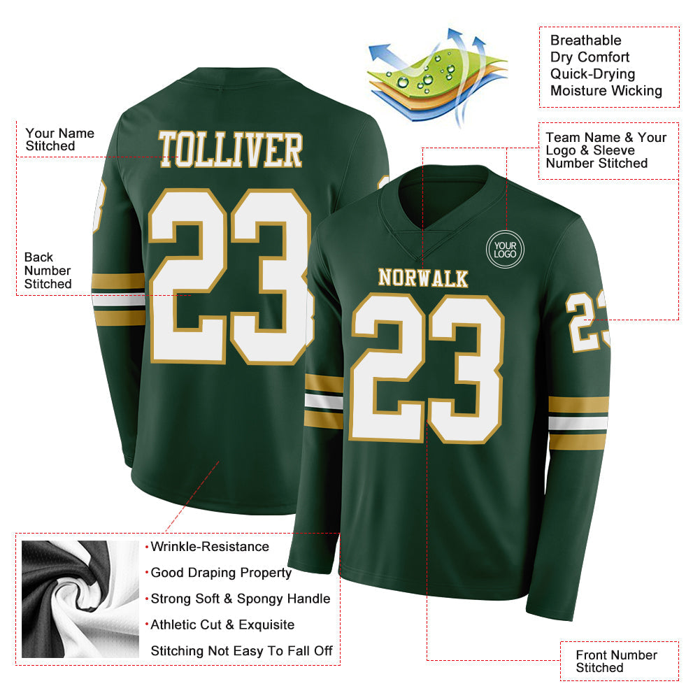 Custom Green White-Old Gold Long Sleeve Authentic Football Jersey Limited