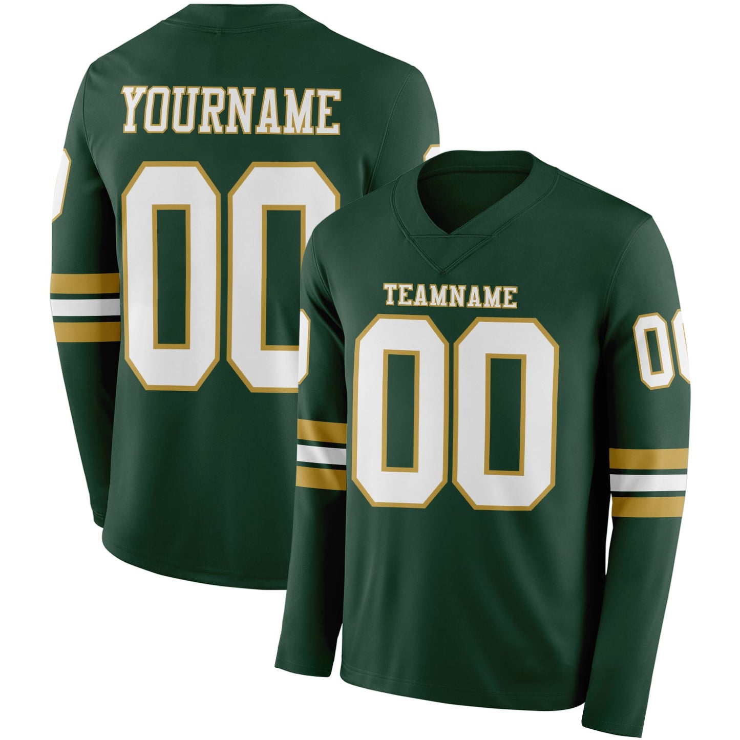 Custom Green White-Old Gold Long Sleeve Authentic Football Jersey