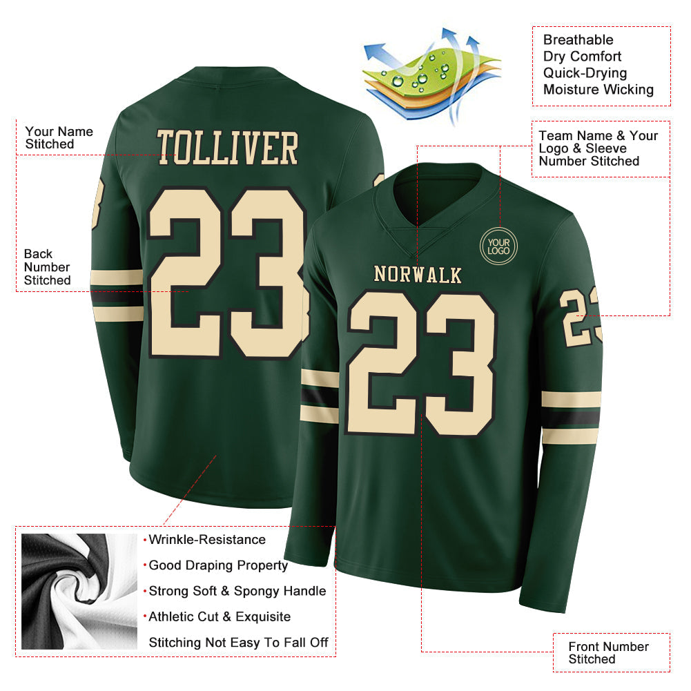 Custom Green Cream-Black Long Sleeve Authentic Football Jersey Limited