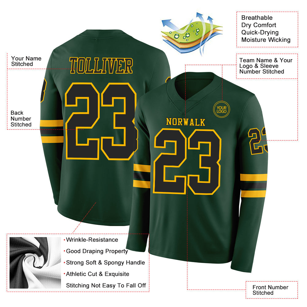 Custom Green Black-Gold Long Sleeve Authentic Football Jersey Limited