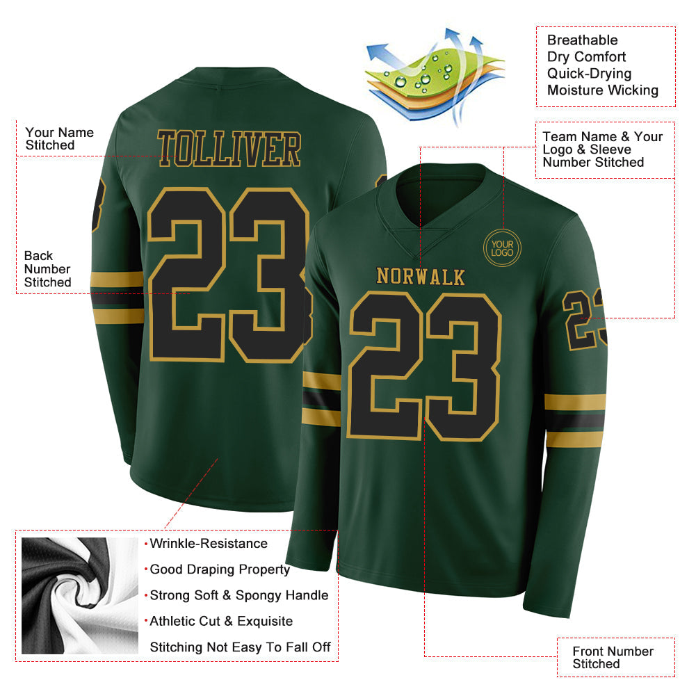 Custom Green Black-Old Gold Long Sleeve Authentic Football Jersey Limited
