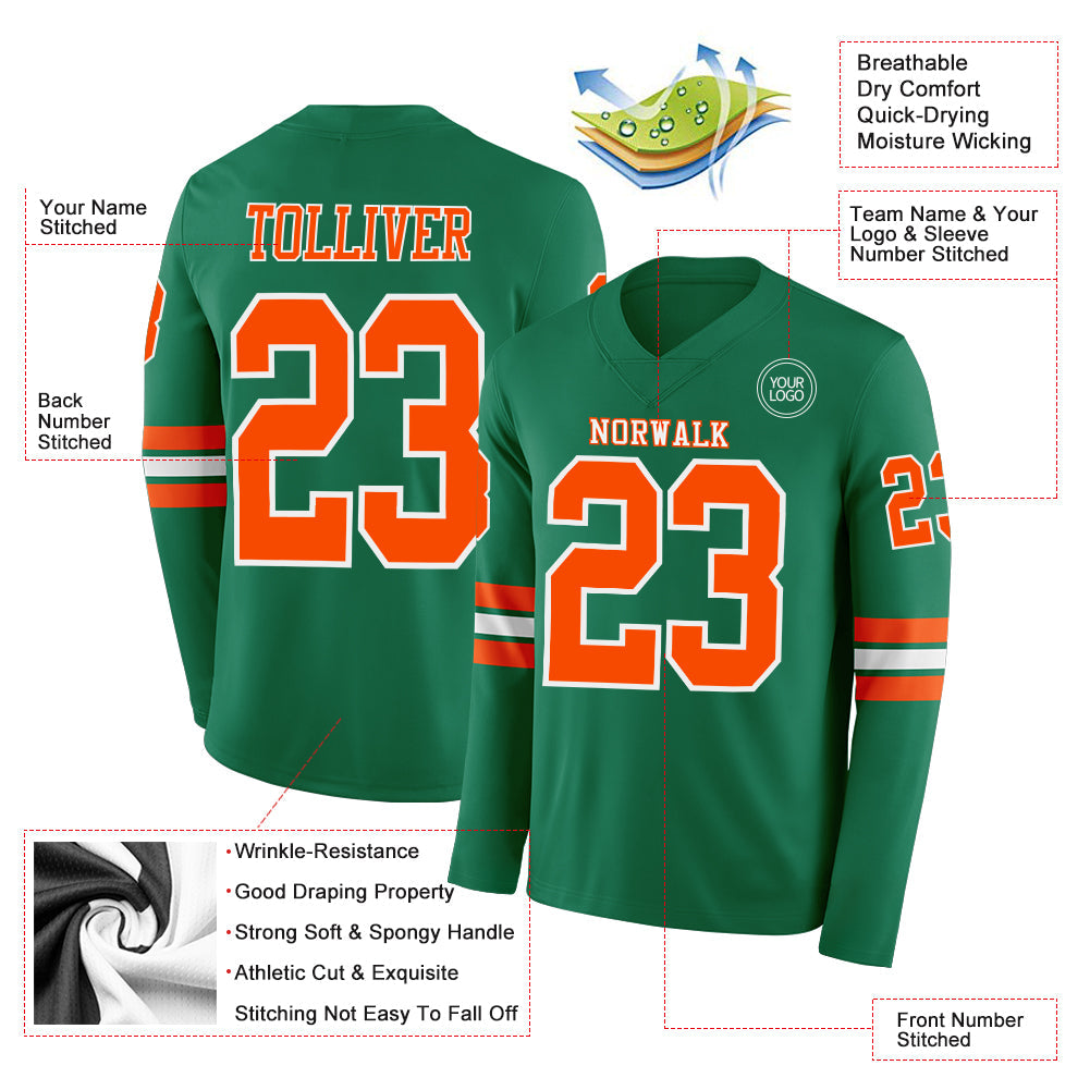 Custom Kelly Green Orange-White Long Sleeve Authentic Football Jersey Limited