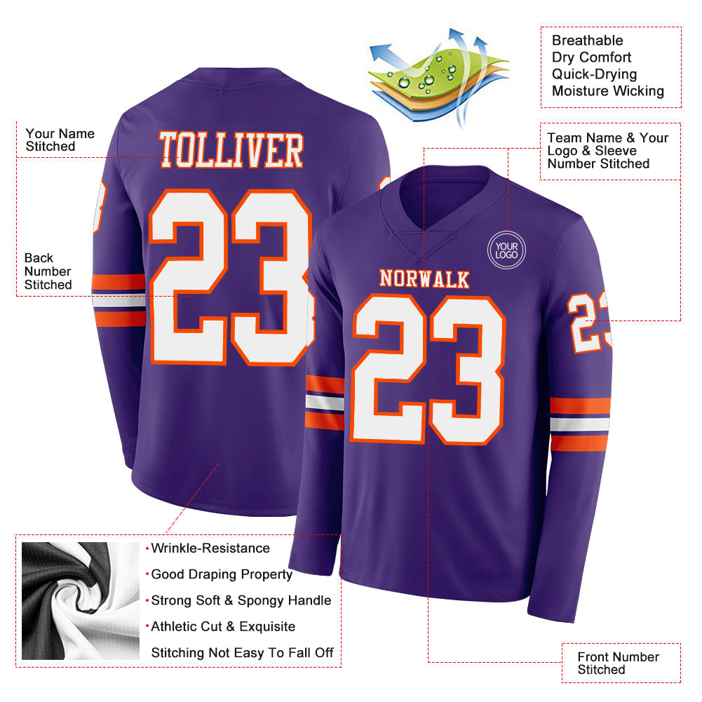 Custom Purple White-Orange Long Sleeve Authentic Football Jersey Limited