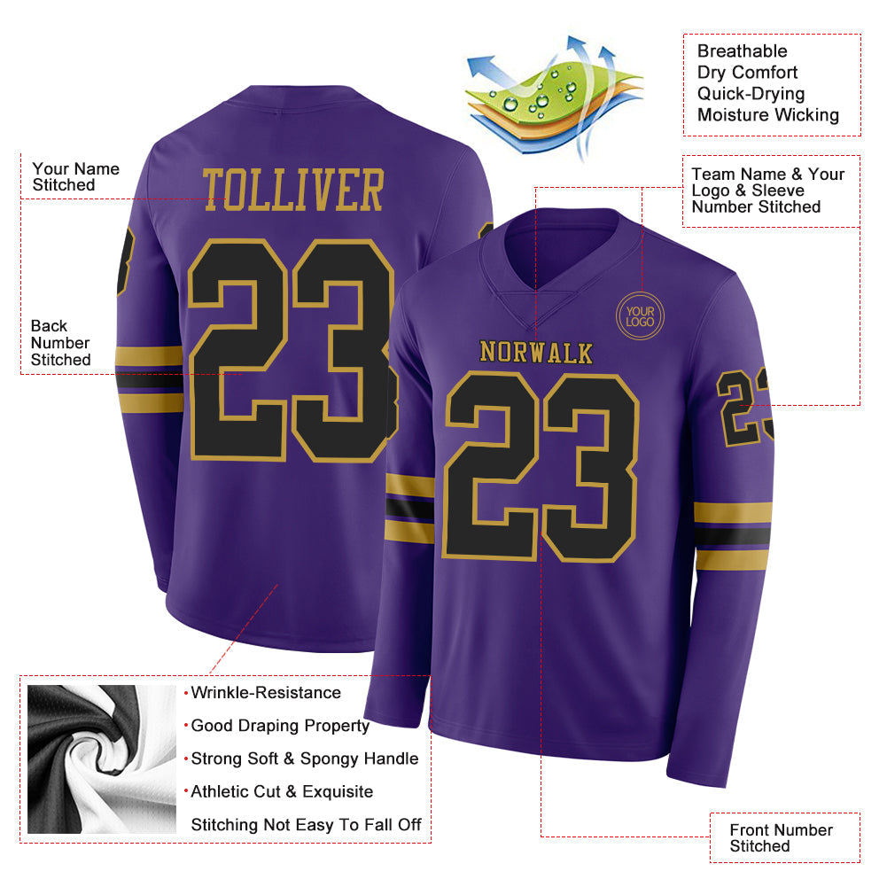 Custom Purple Black-Old Gold Long Sleeve Authentic Football Jersey Limited