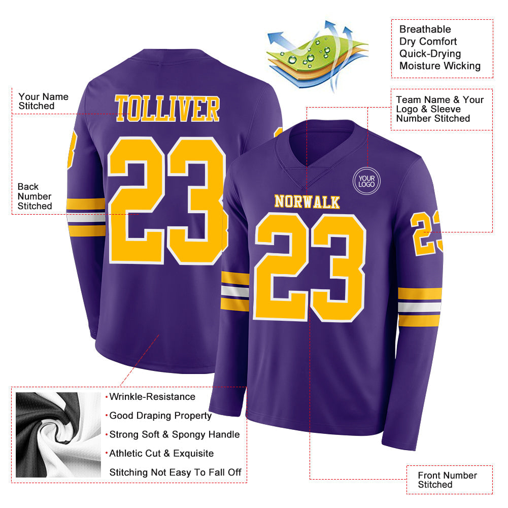 Custom Purple Gold-White Long Sleeve Authentic Football Jersey Limited
