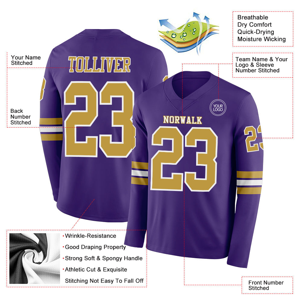 Custom Purple Old Gold-White Long Sleeve Authentic Football Jersey Limited