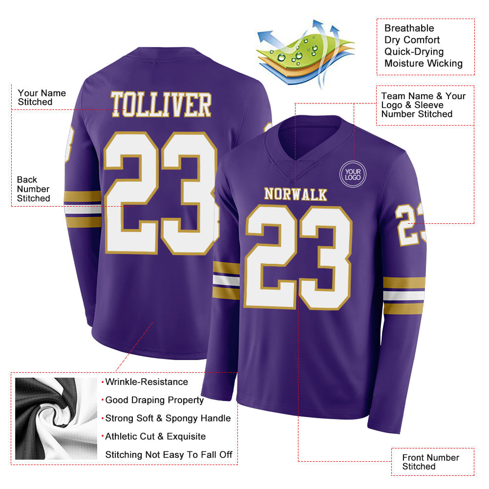 Custom Purple White-Old Gold Long Sleeve Authentic Football Jersey Limited