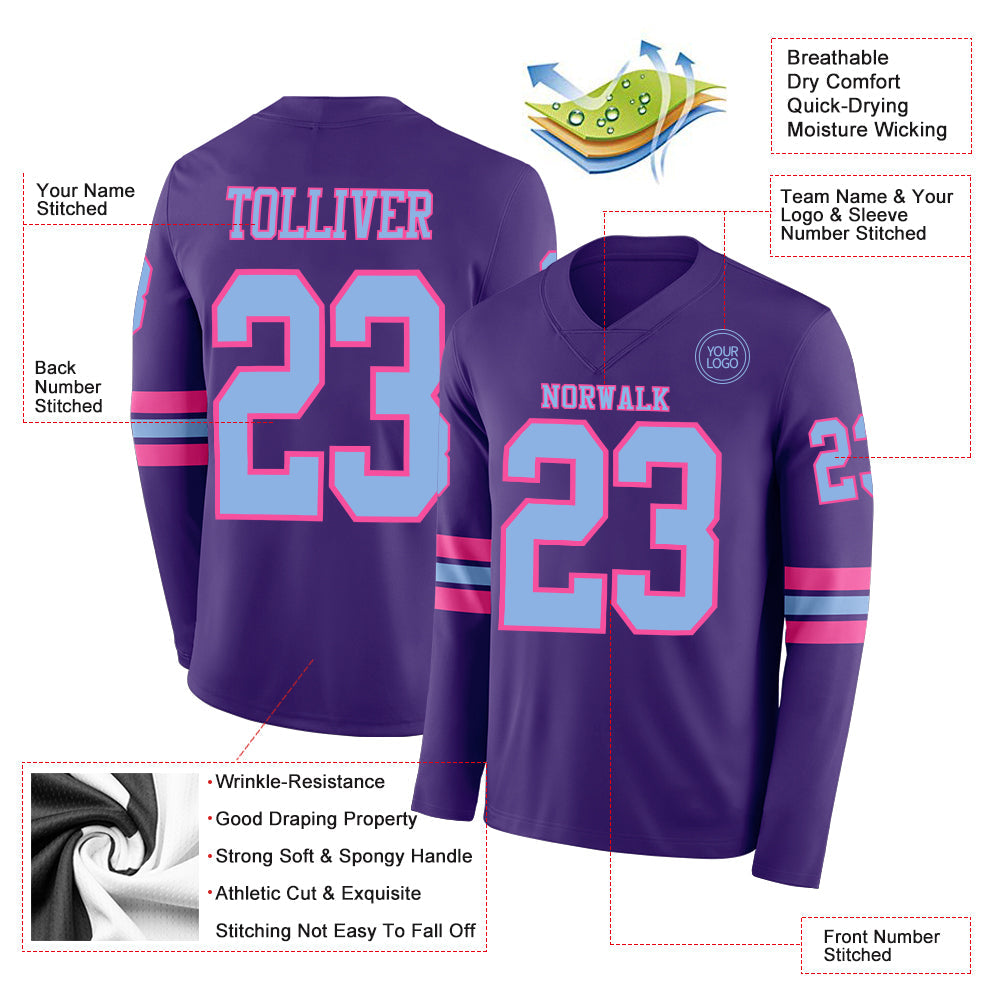 Custom Purple Light Blue-Pink Long Sleeve Authentic Football Jersey Limited