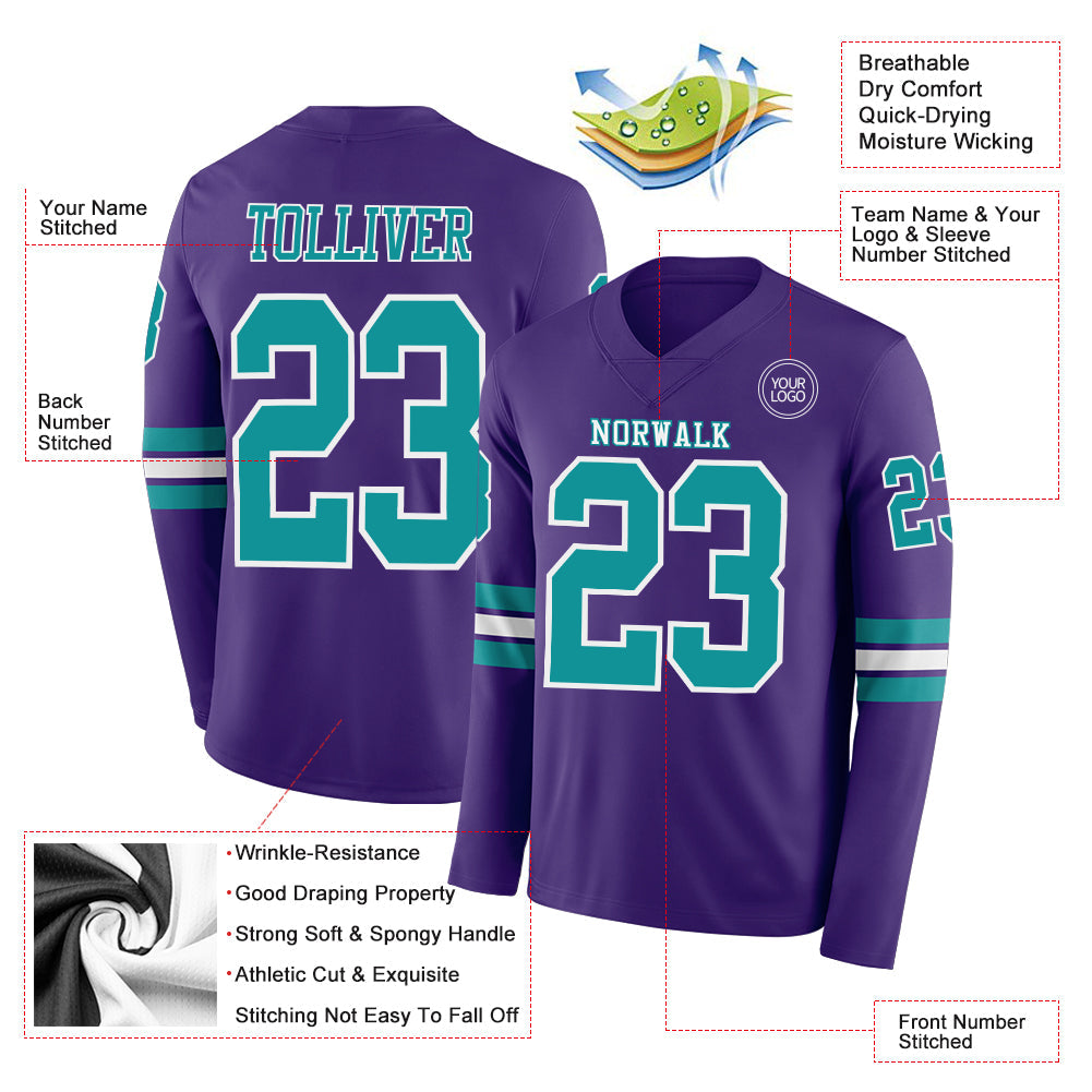 Custom Purple Teal-White Long Sleeve Authentic Football Jersey Limited