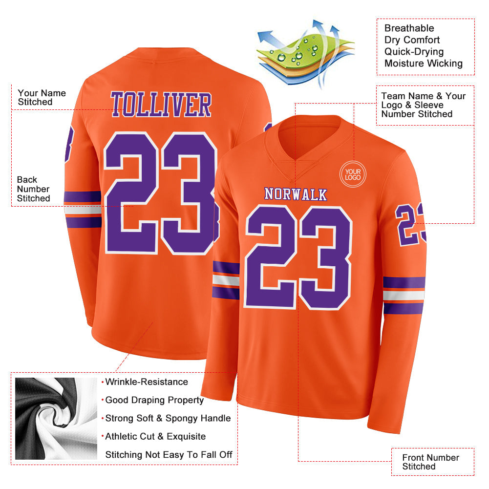 Custom Orange Purple-White Long Sleeve Authentic Football Jersey Limited