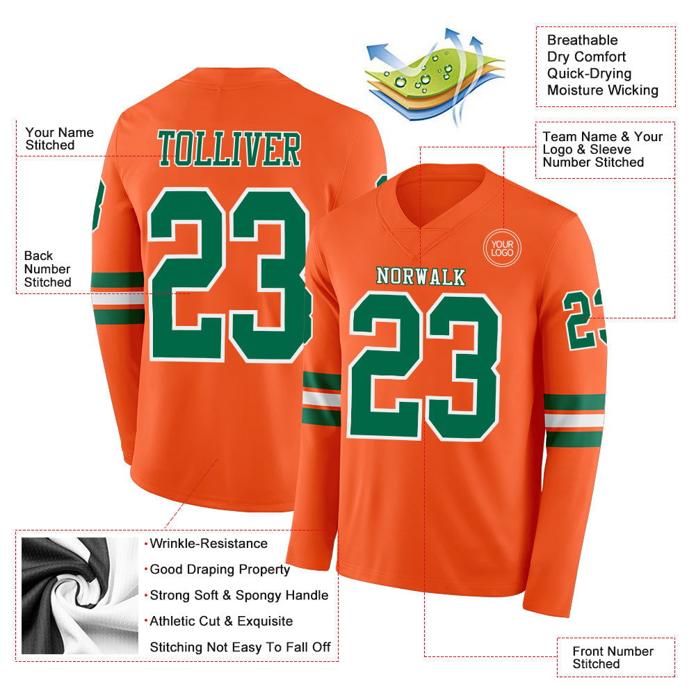 Custom Orange Kelly Green-White Long Sleeve Authentic Football Jersey Limited