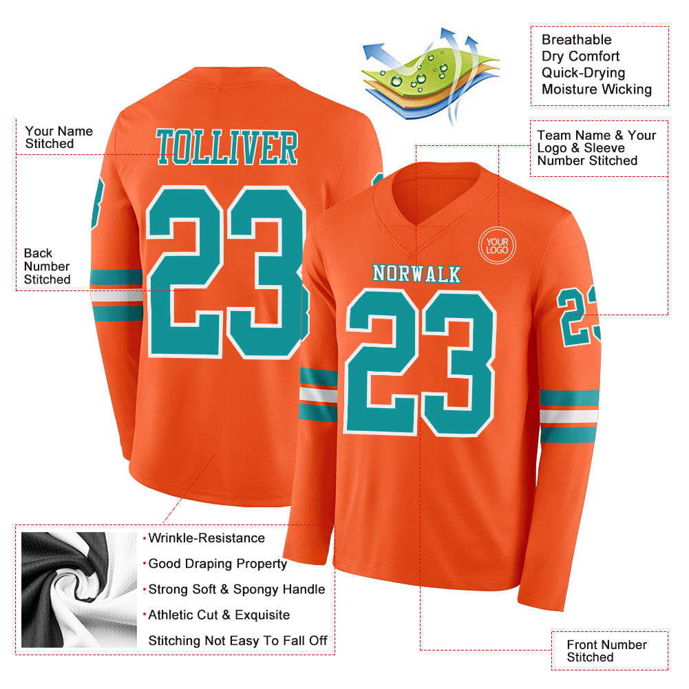 Custom Orange Teal-White Long Sleeve Authentic Football Jersey Limited