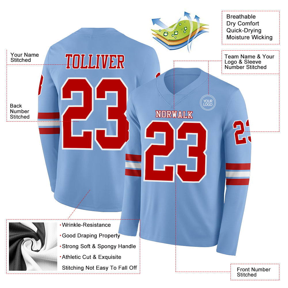 Custom Light Blue Red-White Long Sleeve Authentic Football Jersey Limited