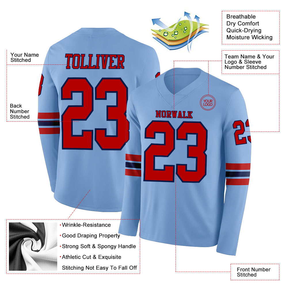 Custom Light Blue Red-Navy Long Sleeve Authentic Football Jersey Limited