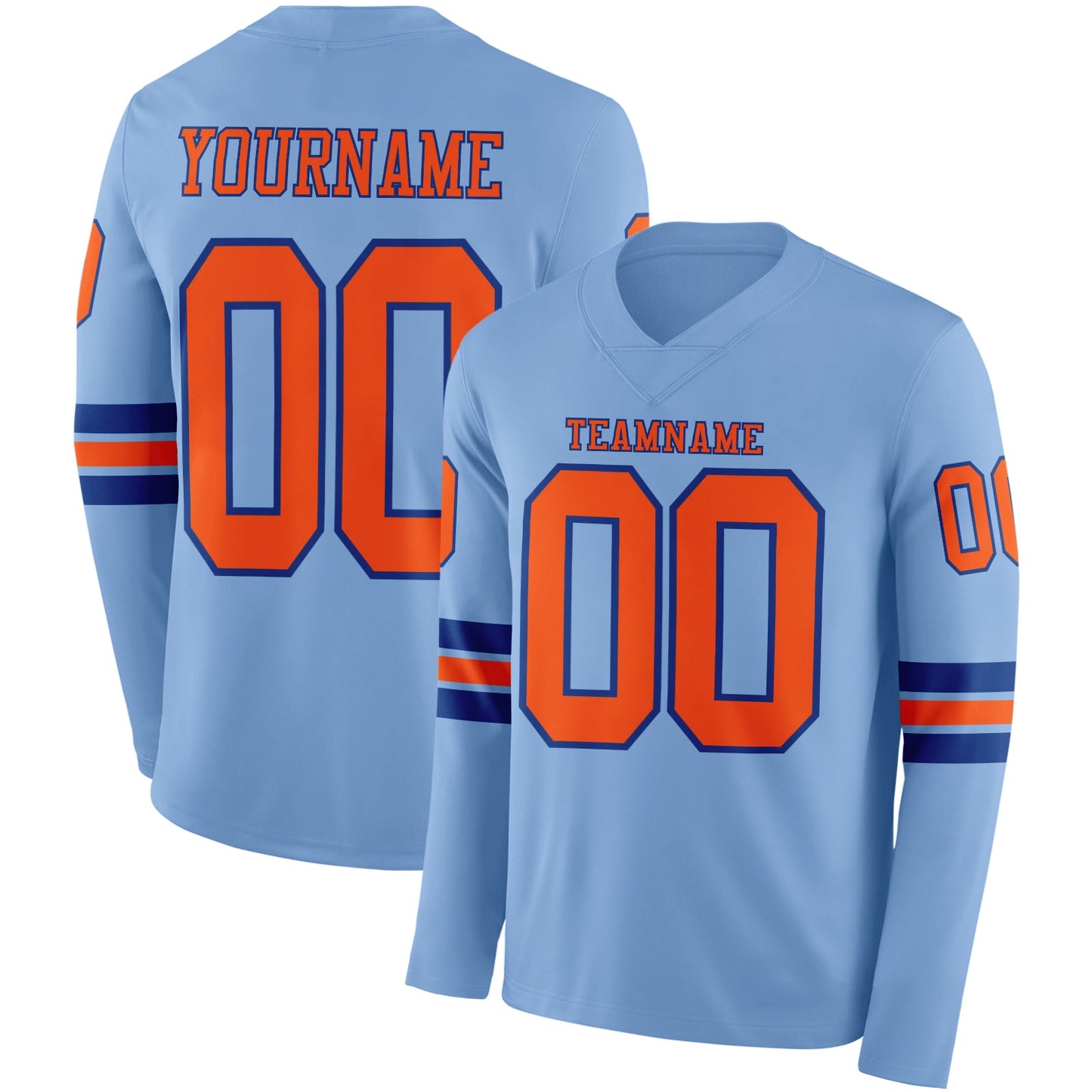 Custom Light Blue Orange-Royal Long Sleeve Authentic Football Jersey