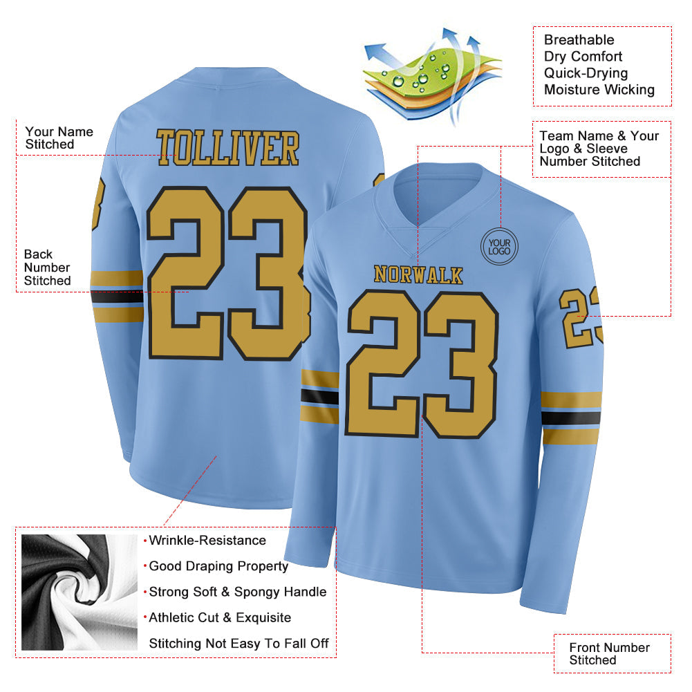 Custom Light Blue Old Gold-Black Long Sleeve Authentic Football Jersey Limited